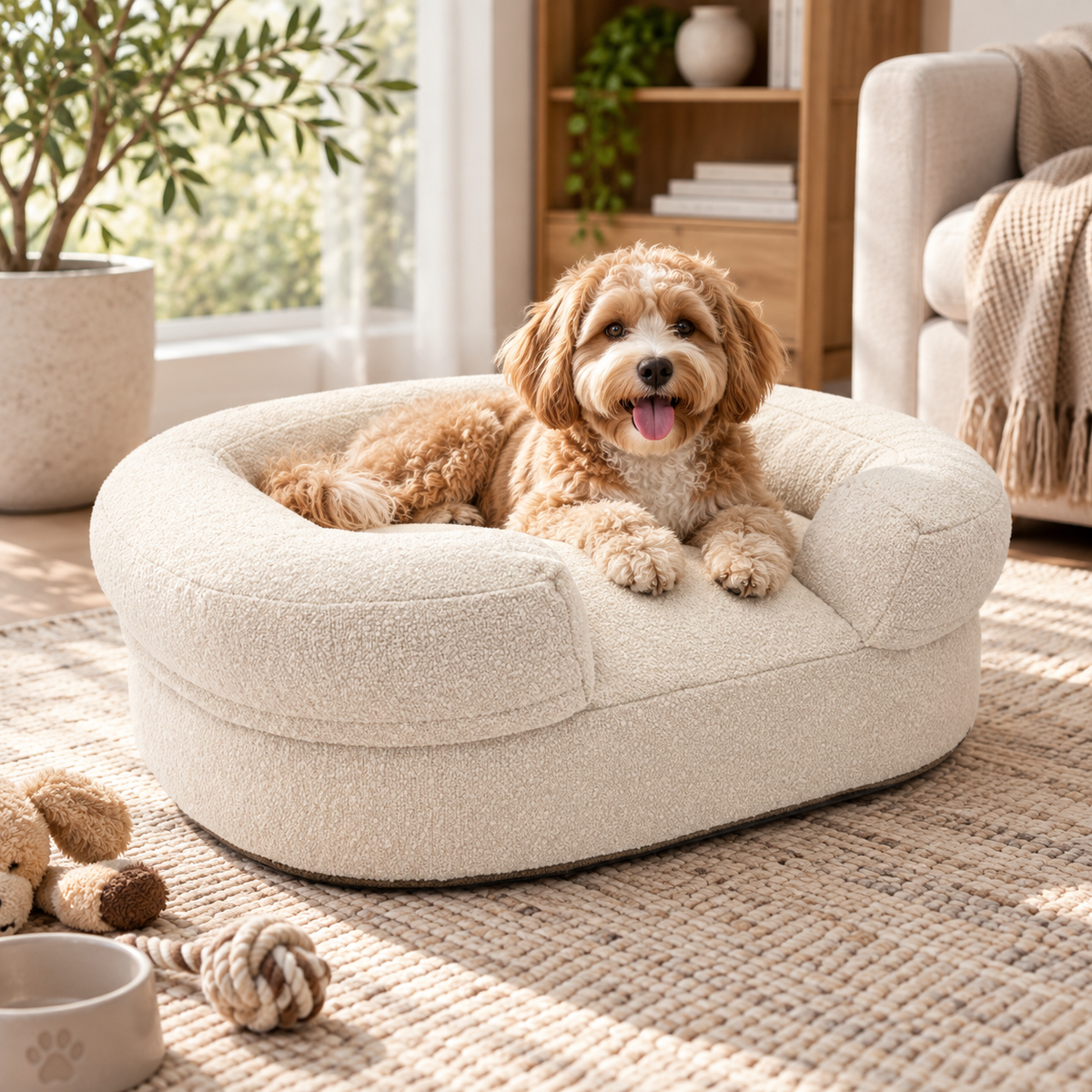 Ivory Plush Bolster Pet Bed