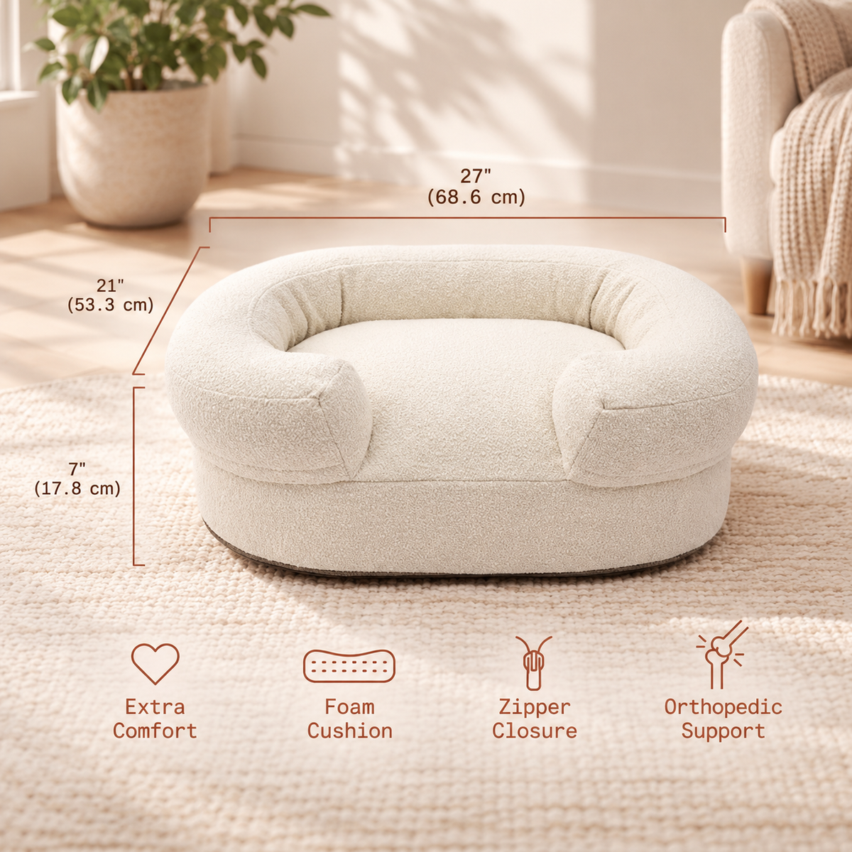 Ivory Plush Bolster Pet Bed