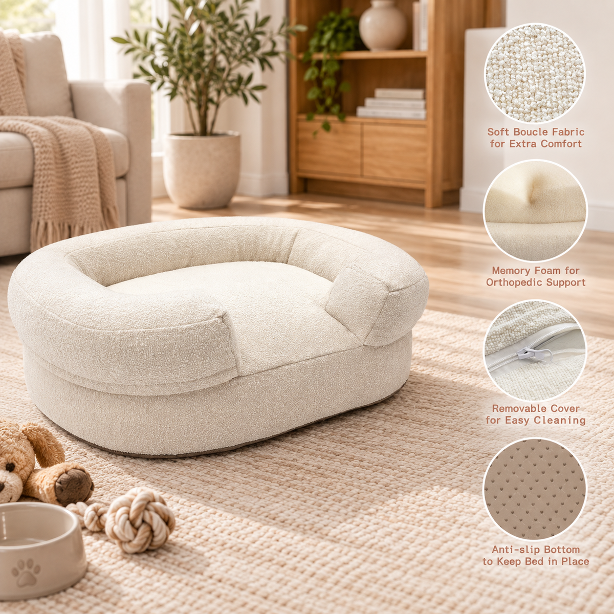 Ivory Plush Bolster Pet Bed