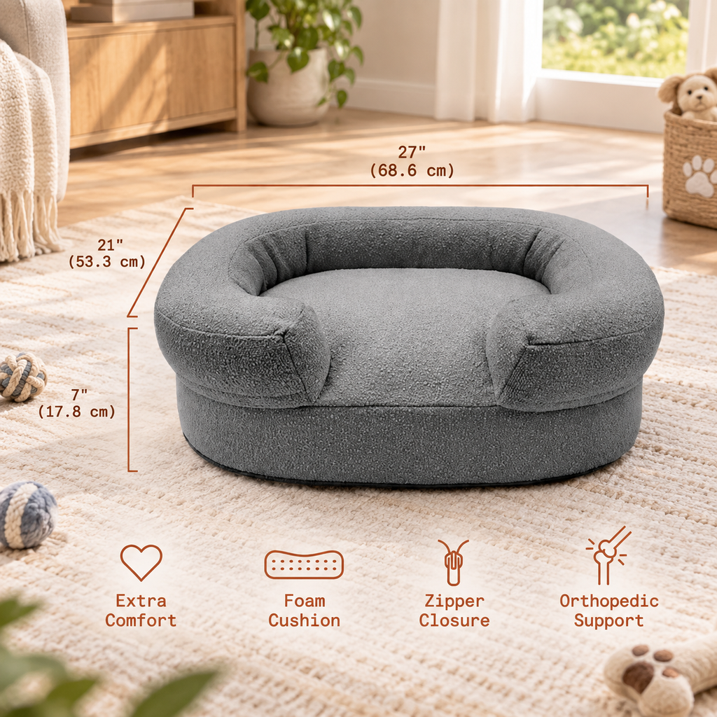 Ivory Plush Bolster Pet Bed